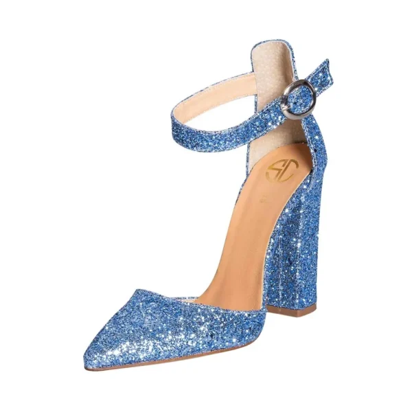 Scarpe a punta con tacco alto in glitter turchese made in italy