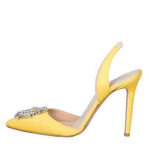 Scarpe a punta in raso giallo con accessorio di strass made in italy