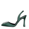 Scarpe con tacco a punta in raso verde con accessorio di strass